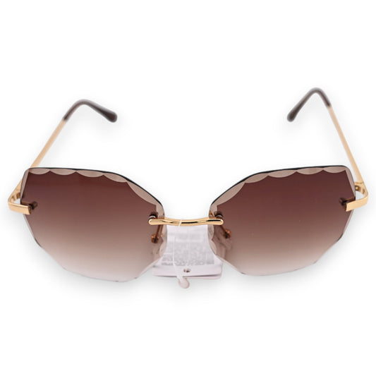 Sonnenbrille mit ovalförmigen, braun getönten Gläsern, goldenem Rahmen und wellenförmigem oberen Glasrand