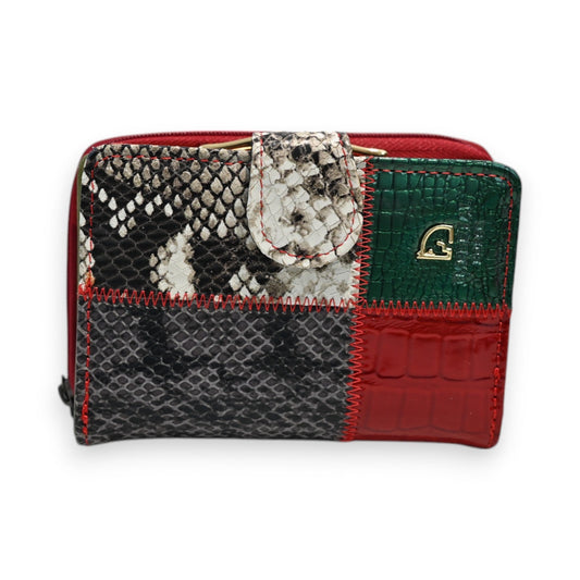 Patchwork-Geldbörse aus Python-Leder mit Schlangenmuster, grünem und rotem Leder, Reißverschluss und goldenem Logo