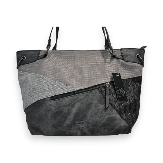 Patchwork-Handtasche in Grau und Schwarz mit verschiedenen Texturen, Reißverschluss und Tragegriffen, elegantes Design