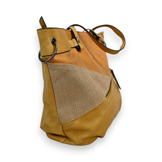 Patchwork-Handtasche in Senfgelb mit verschiedenen Texturen, Ledergriff und Metallring, stilvolle Damentasche