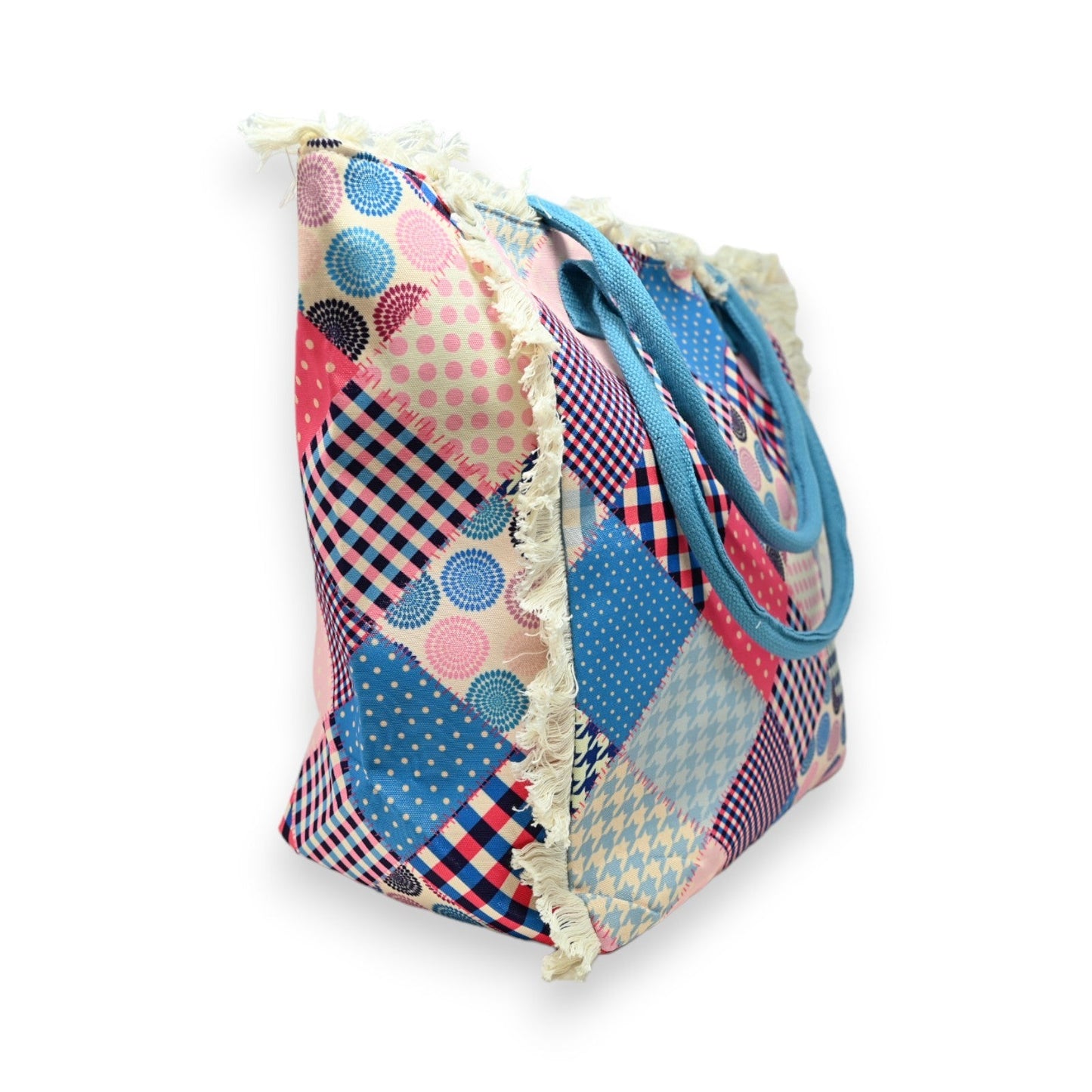 Bunte Patchwork-Tragetasche aus Nylon mit rosa-blauem Muster, Punkten, Karos und Fransen, Henkel in Hellblau