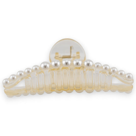 Elegante Haarspange aus transparentem Kunststoff mit perlenverziertem Rand, breite Klaue für sicheren Halt