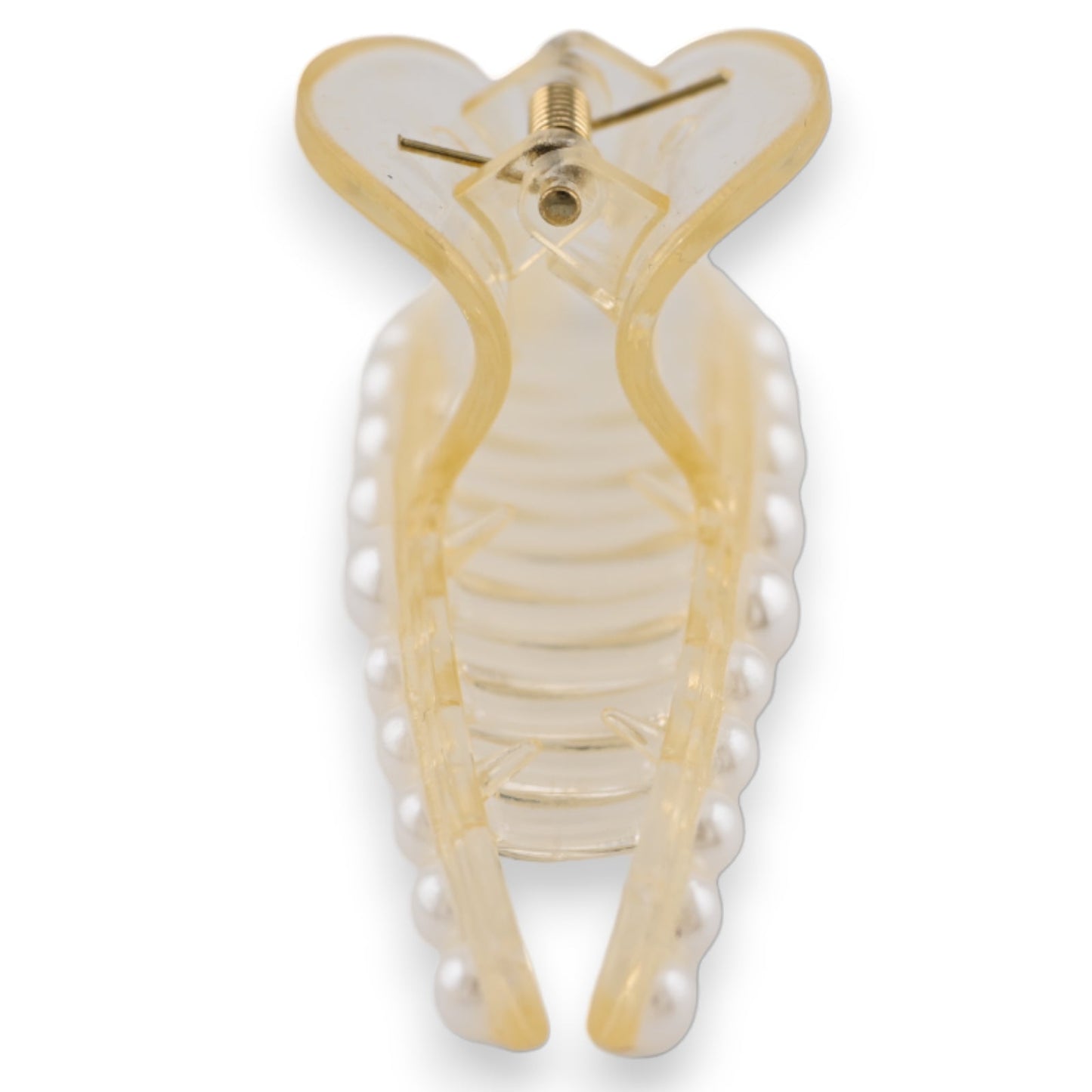 Transparente Plastik-Haarklammer in Schmetterlingsform mit Perlenrand und goldfarbenem Verschluss, auf weißem Hintergrund