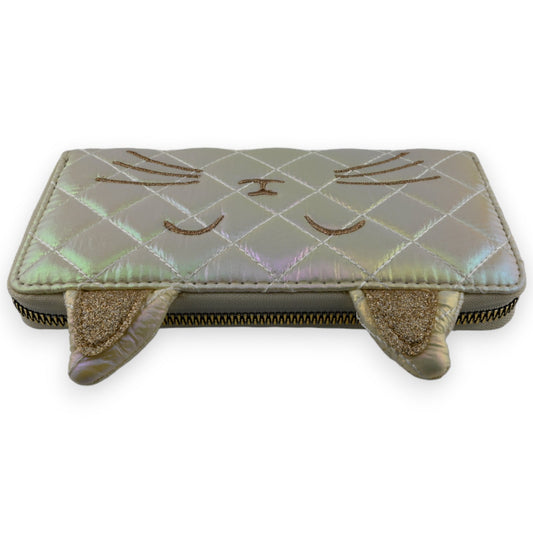 Perlmutt-Geldbörse mit Katzenmotiv, matelassiertes Design, goldene Stickerei, Reißverschluss, irisierender Effekt