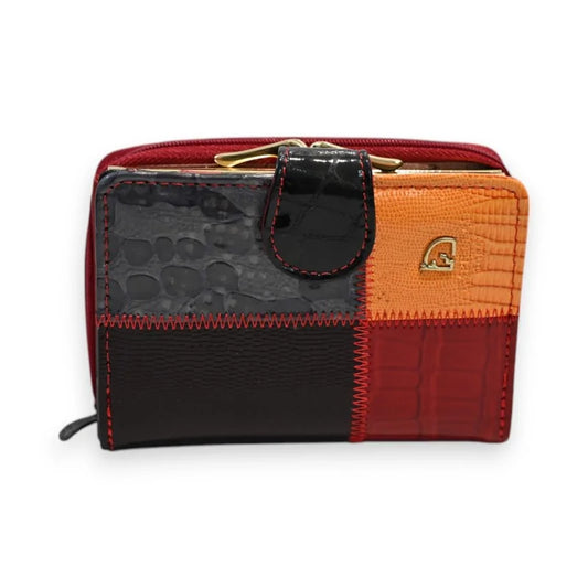 Dreifarbige Patchwork-Geldbörse aus Premium-Leder mit Reißverschluss und goldenem Logo