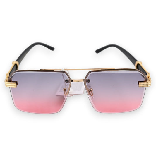 Stilvolle Sonnenbrille mit quadratischen Gläsern, goldenem Rahmen und Farbverlauf von Grau zu Rosa