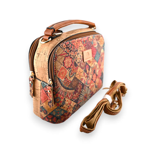 Quadratische Korktasche mit buntem Patchwork-Muster, Reißverschluss und abnehmbarem Schulterriemen, Handtasche aus Kork