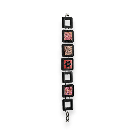 Modisches Armband mit schwarzen Quadraten und rosa Glitzerelementen, florales Muster, rechteckige Glieder, Kettenverschluss