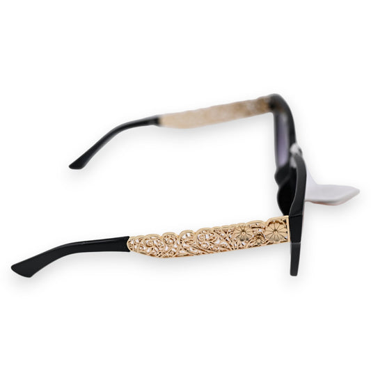 Elegante Sonnenbrille mit schwarzem Rahmen und goldenem, filigranem Blumenmuster an den Bügeln