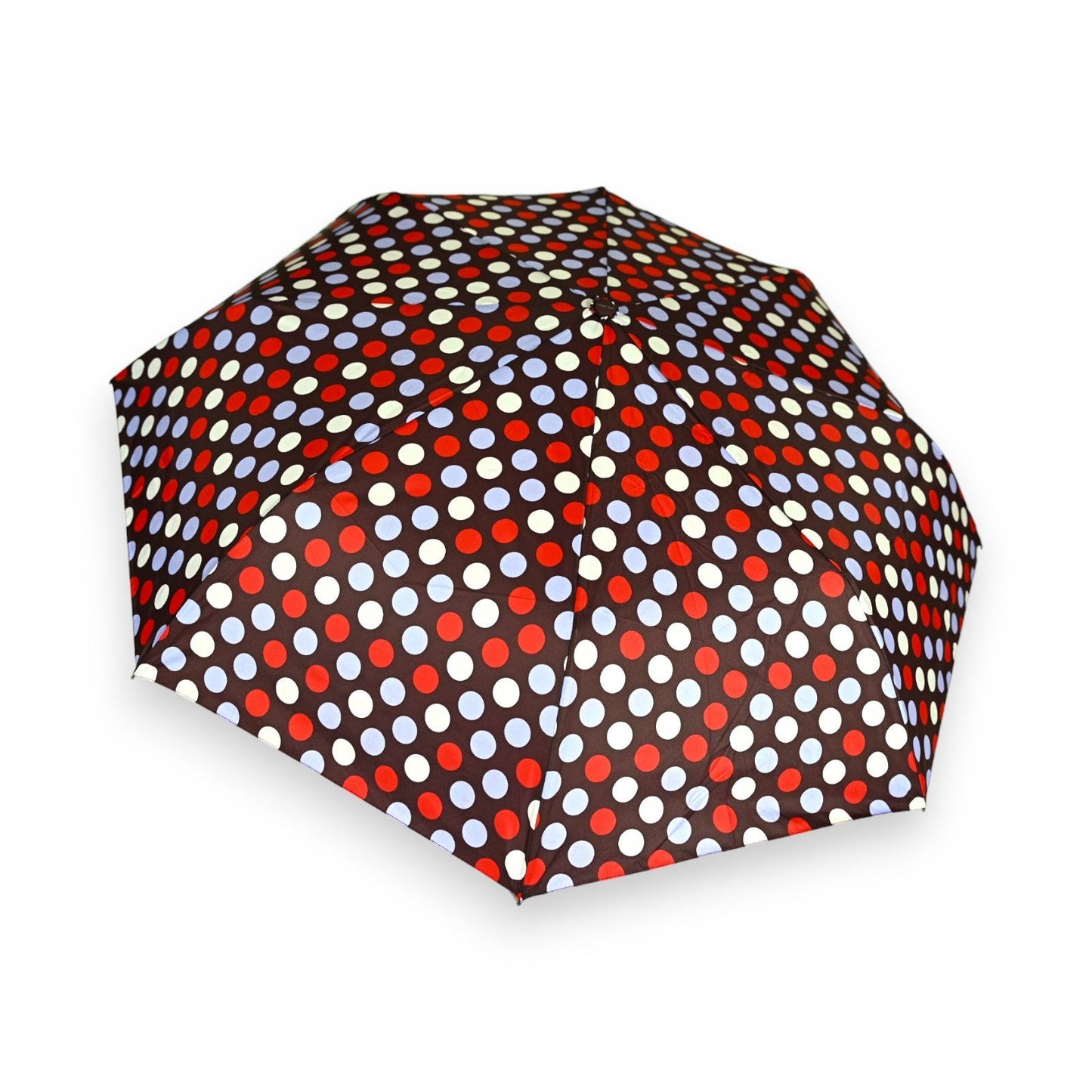 Halbautomatischer Regenschirm mit braunem Hintergrund und buntem Punktemuster in Rot, Weiß und Hellblau