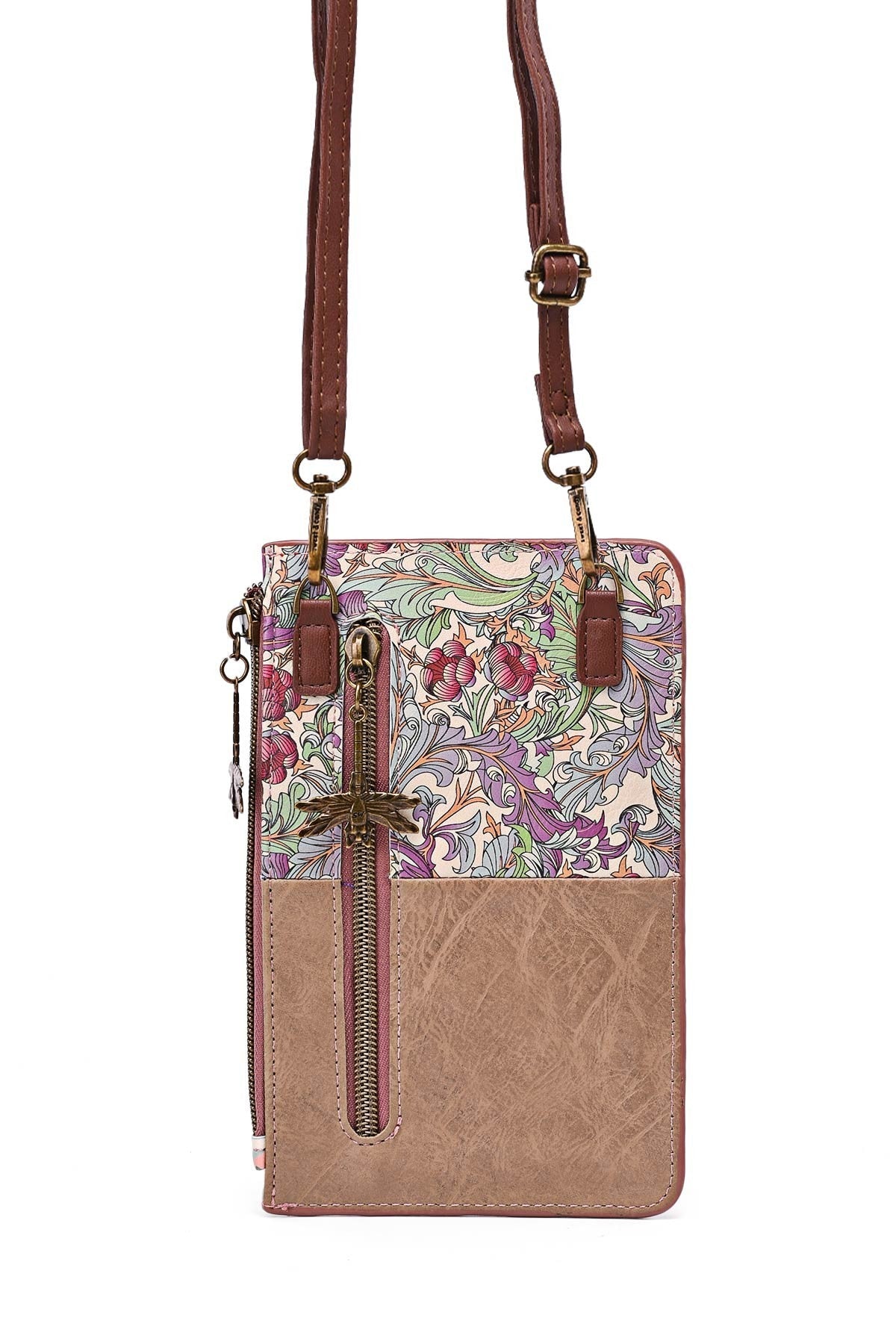 Romantische Umhängetasche mit floralem Muster, braunem Leder und Reißverschluss. Verstellbarer Schulterriemen.
