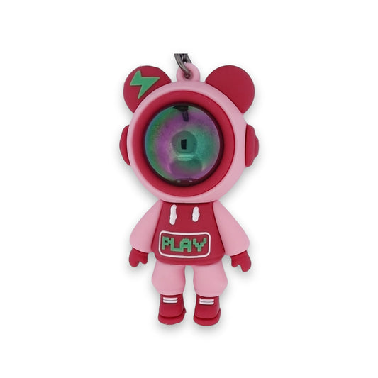 Rosa Astronautenfigur-Schlüsselanhänger mit Bärenohren, grün-violettem Visier und 'PLAY'-Aufschrift für Mädchen