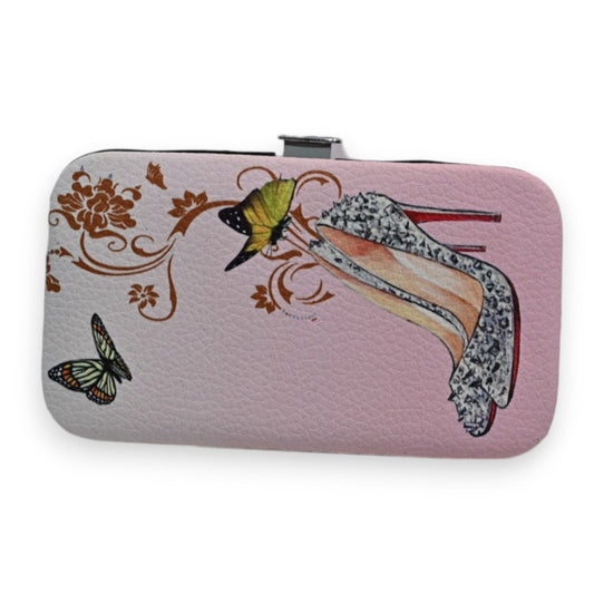 Maniküreset-Etui in Rosa mit Schmetterlingen, Blumen und Beinen in Stöckelschuhen, elegantes Design für Nagelpflege