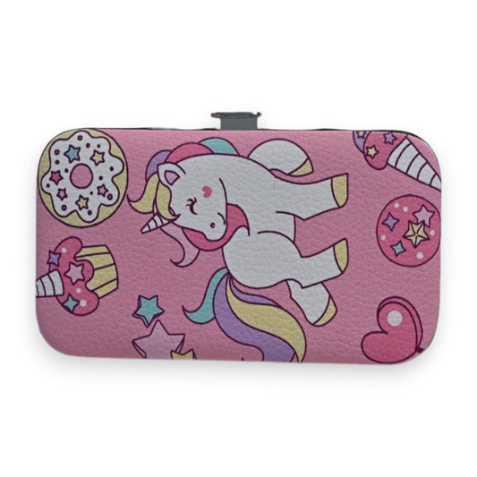 Rosa Maniküre-Etui mit Einhorn-Motiv, Donut und Sternen. Niedliches Design für Kinder und Jugendliche. Nagelpflege-Set.