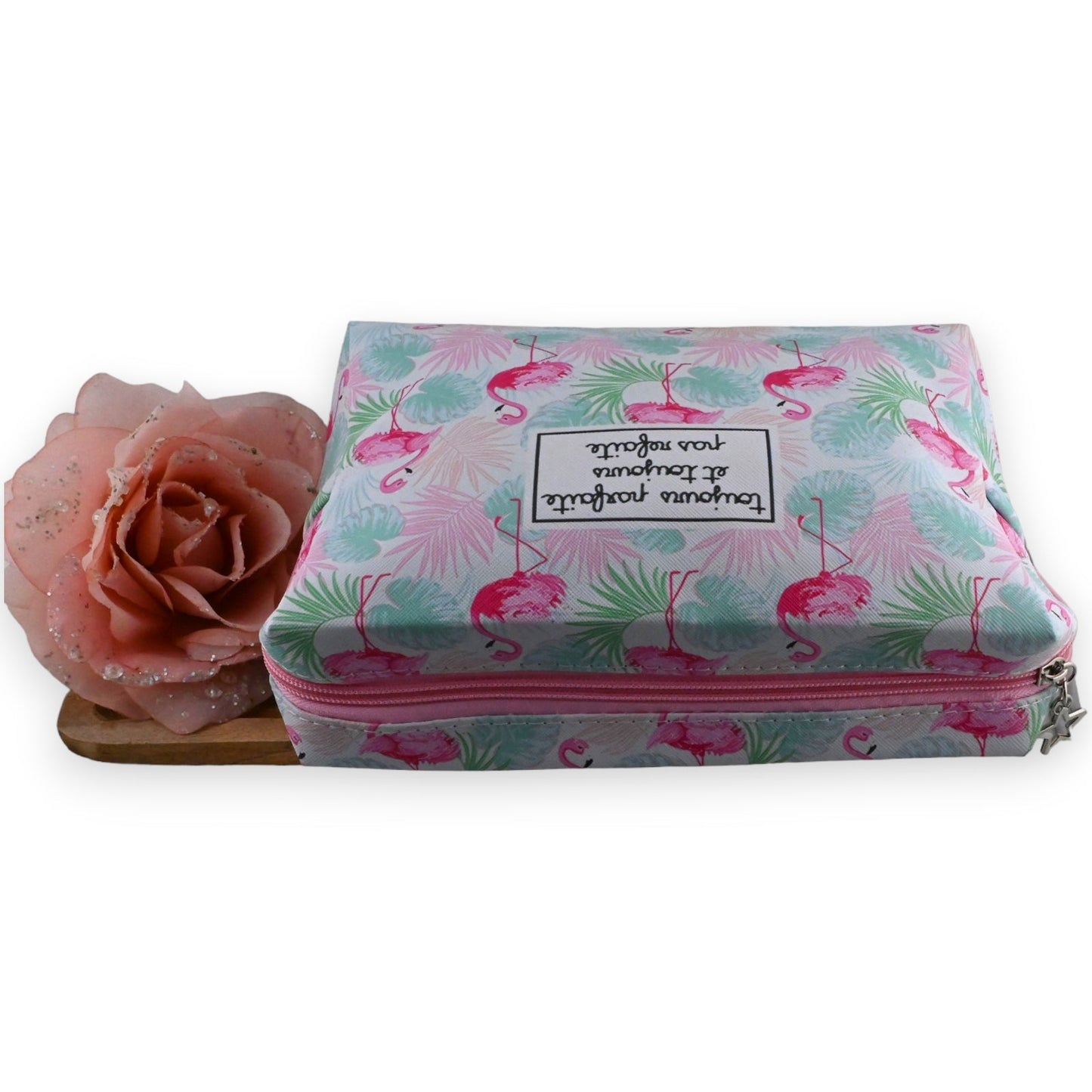 Rosa Flamingo Toilettenetui mit tropischem Muster, Reißverschluss und dekorativer Rose, perfekt für Reisen und Kosmetik