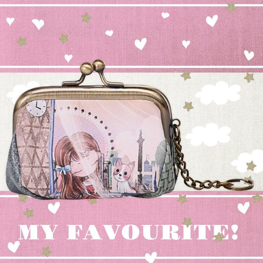 Geldbörse mit Mädchen- und Katzenmotiv, London-Skyline, Metallverschluss, auf rosa Hintergrund mit Herzen und Sternen
