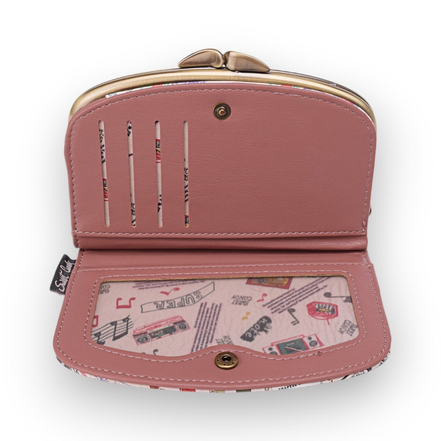 Rosa Geldbörse mit Kartenfächern, Musikmotiv-Innenfutter, goldenem Verschluss und Vintage-Design, geöffnet