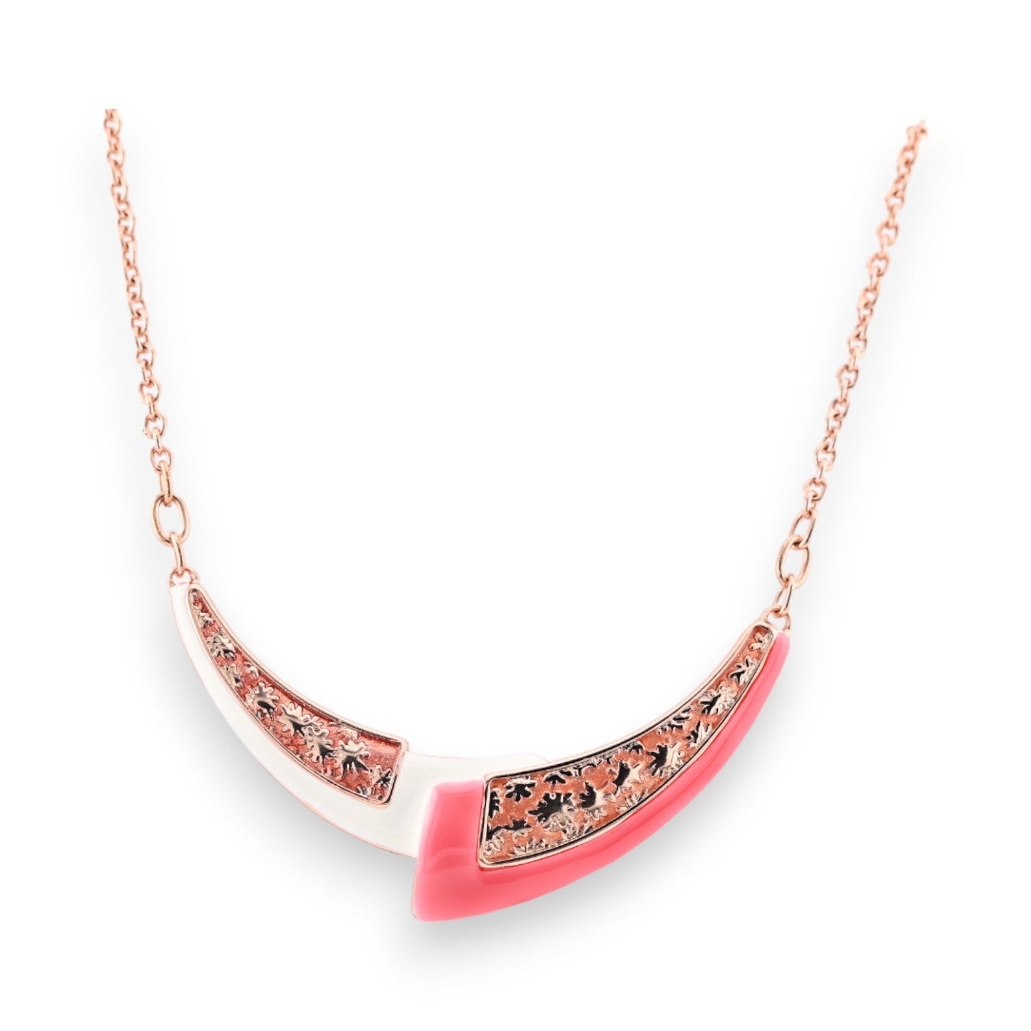 Rosegoldene Halskette mit halbmondförmigem Anhänger in Weiß, Koralle und filigranem Muster, japanischer Stil