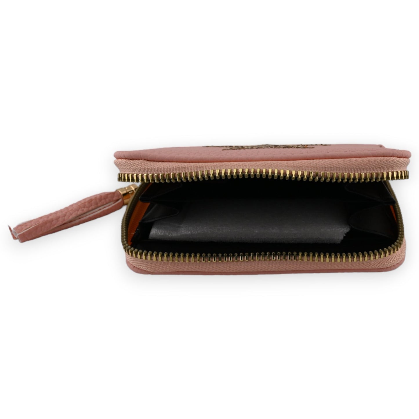 Rosa Leder-Geldbörse mit Reißverschluss, geöffnet zeigt schwarzes Innenfutter, goldener Zipper, Sternendesign