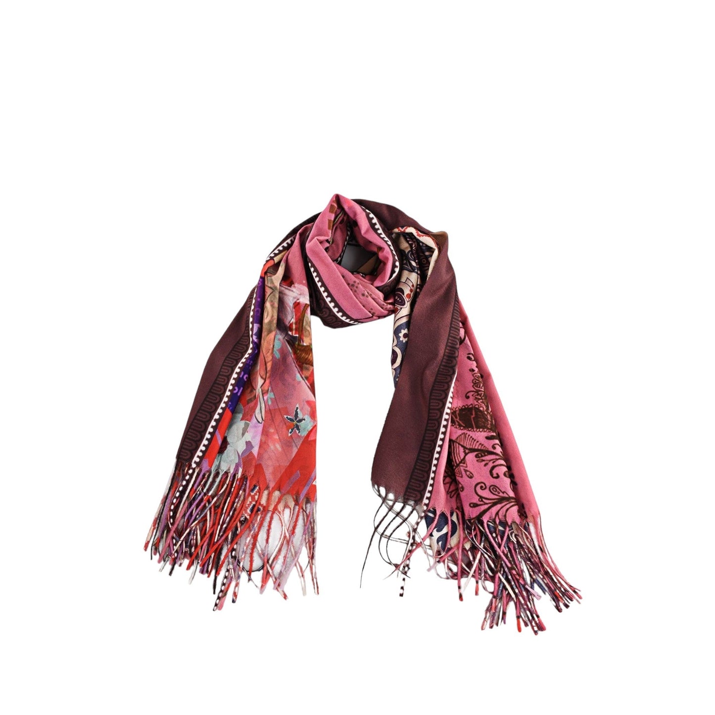 Bunter Damen-Schal mit Blumenmuster und Fransen in Rosa, Rot und Braun. Eleganter Winterschal mit floralem Design.