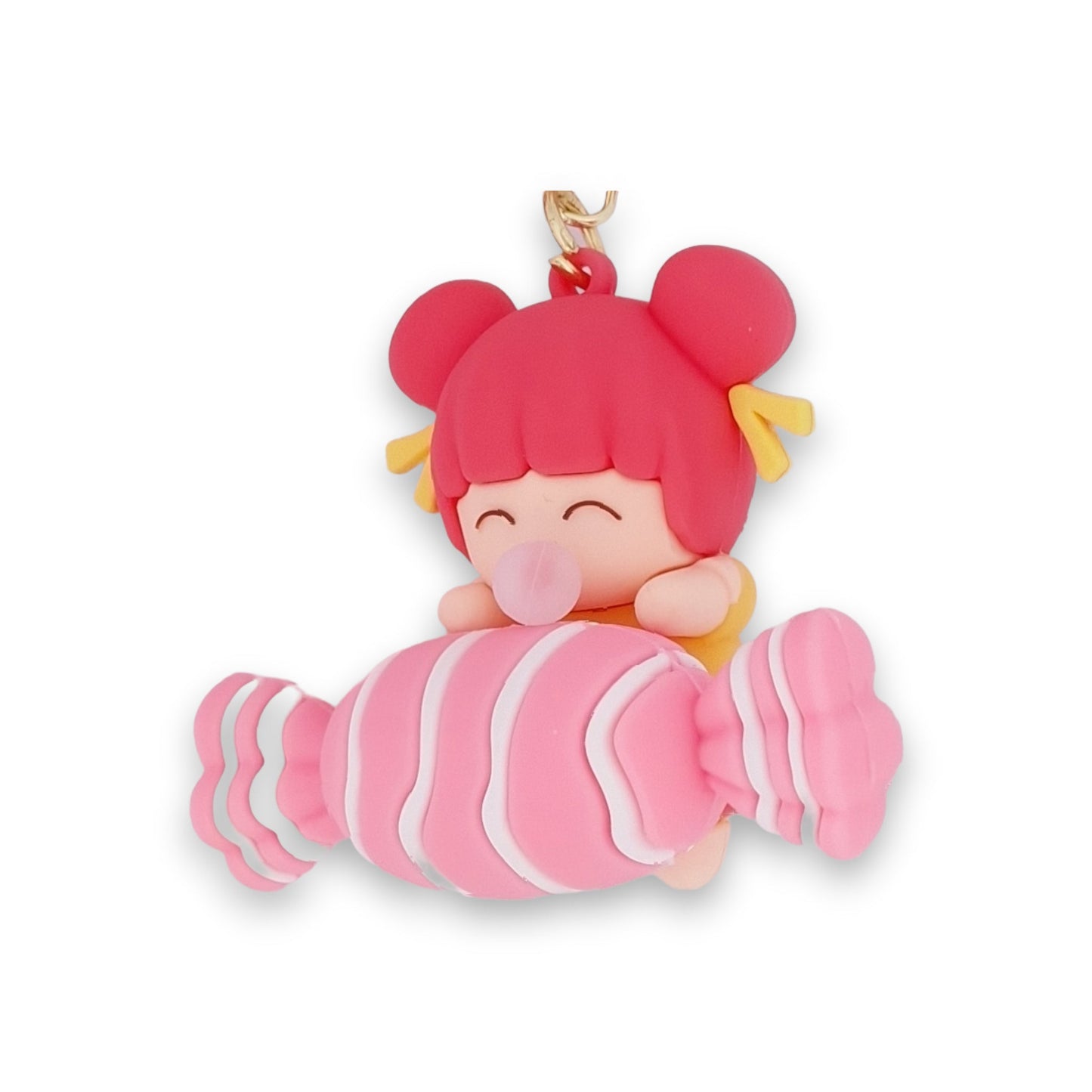 Niedlicher Schlüsselanhänger: Anime-Mädchen mit rosa Haaren auf großem rosa-weißem Bonbon, kawaii-Stil