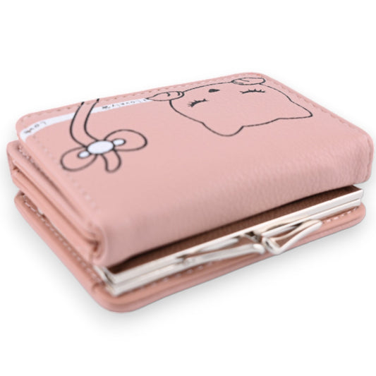 Rosa Geldbörse mit Katzengesicht-Zeichnung, kompakt und rechteckig, mit Metallverschluss, für Münzen und Karten