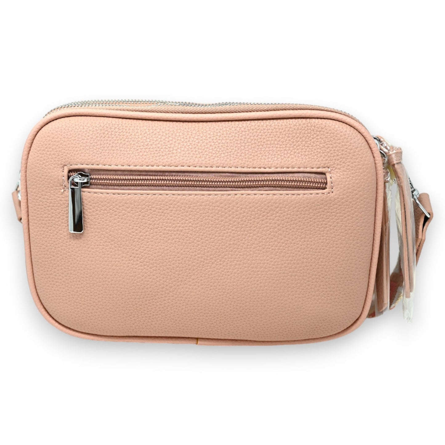 Quadratische rosa Umhängetasche aus genarbtem Leder mit Reißverschluss und Vordertasche, elegantes Design für Damen