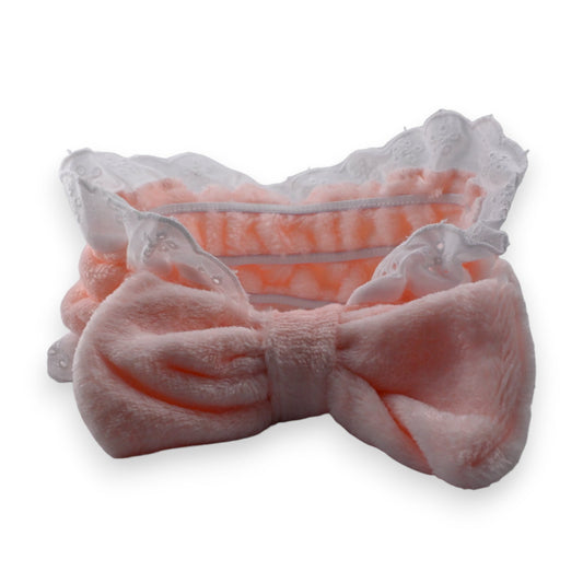 Rosafarbenes Stirnband mit Schleife und Spitze, weich und flauschig, für Frauen, Kosmetik und Hautpflege