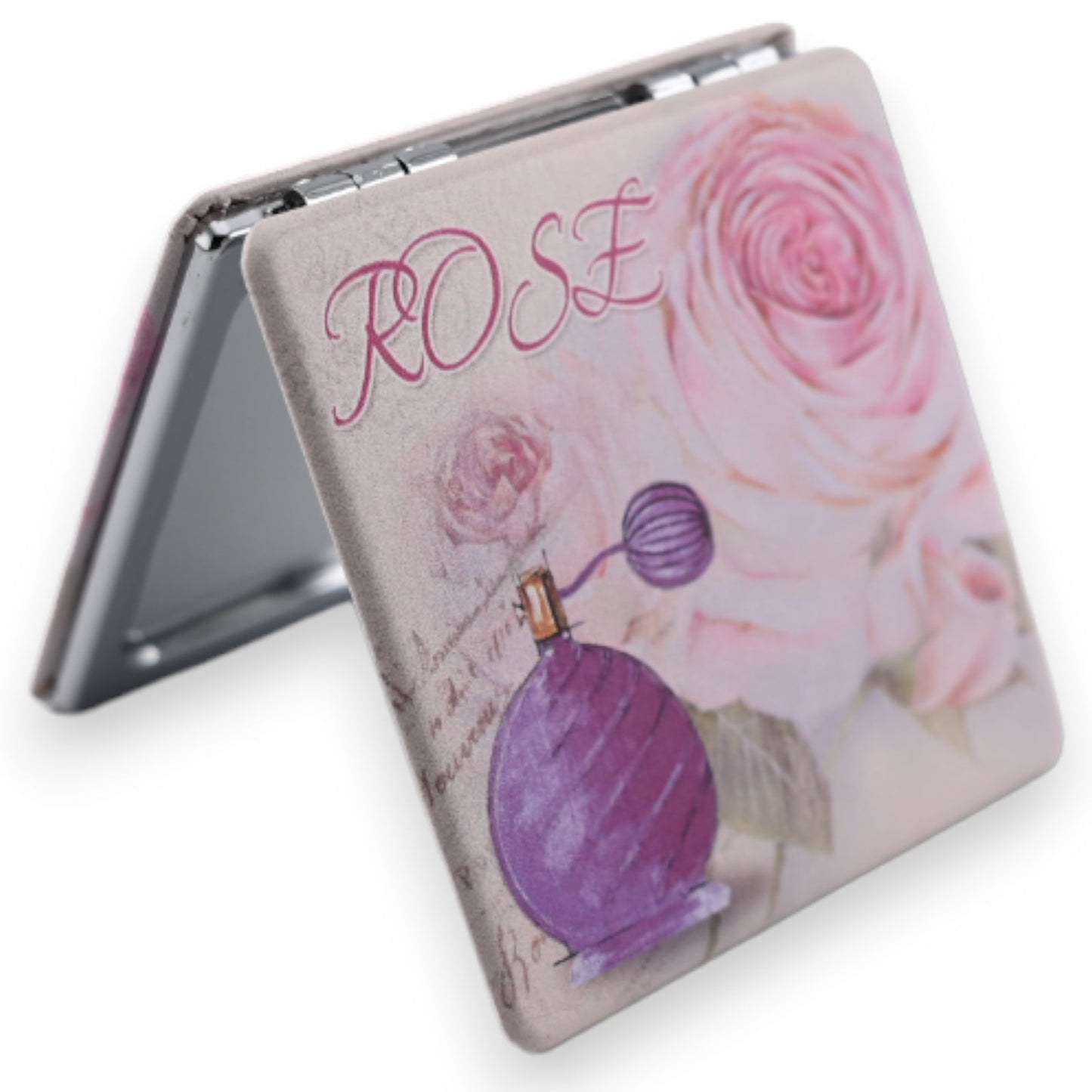 Romantischer Taschenspiegel mit Rosa-Motiv, Rosen und Parfümflasche, beschriftet mit 'ROSE', klappbares Design