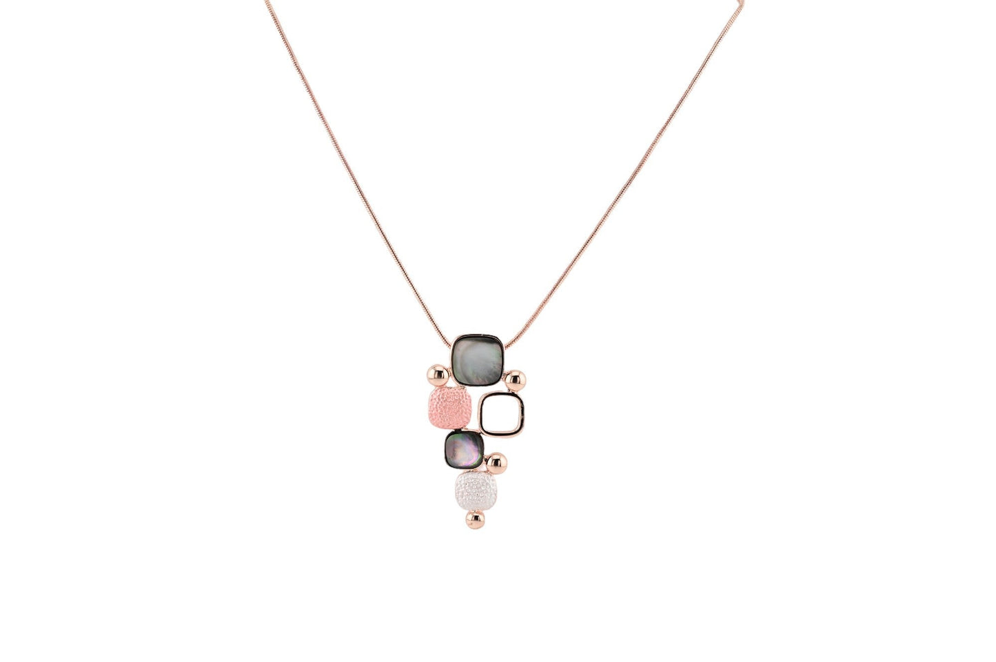 Elegante Halskette mit geometrischem Anhänger, Perlmutt-Elemente, rosa und weiße Akzente, rosévergoldete Kette