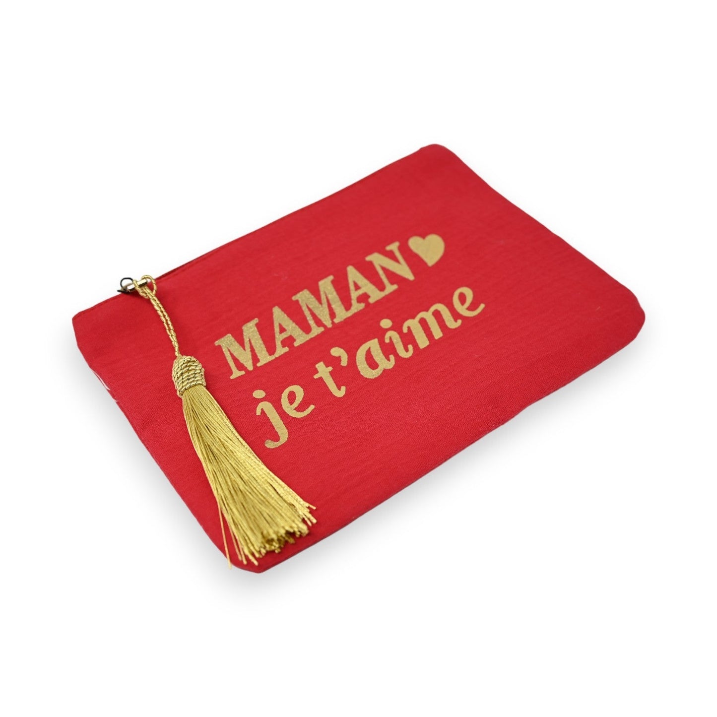 Rote Baumwolltasche mit goldener Aufschrift 'MAMAN je t'aime' und dekorativer Quaste, perfektes Geschenk zum Muttertag