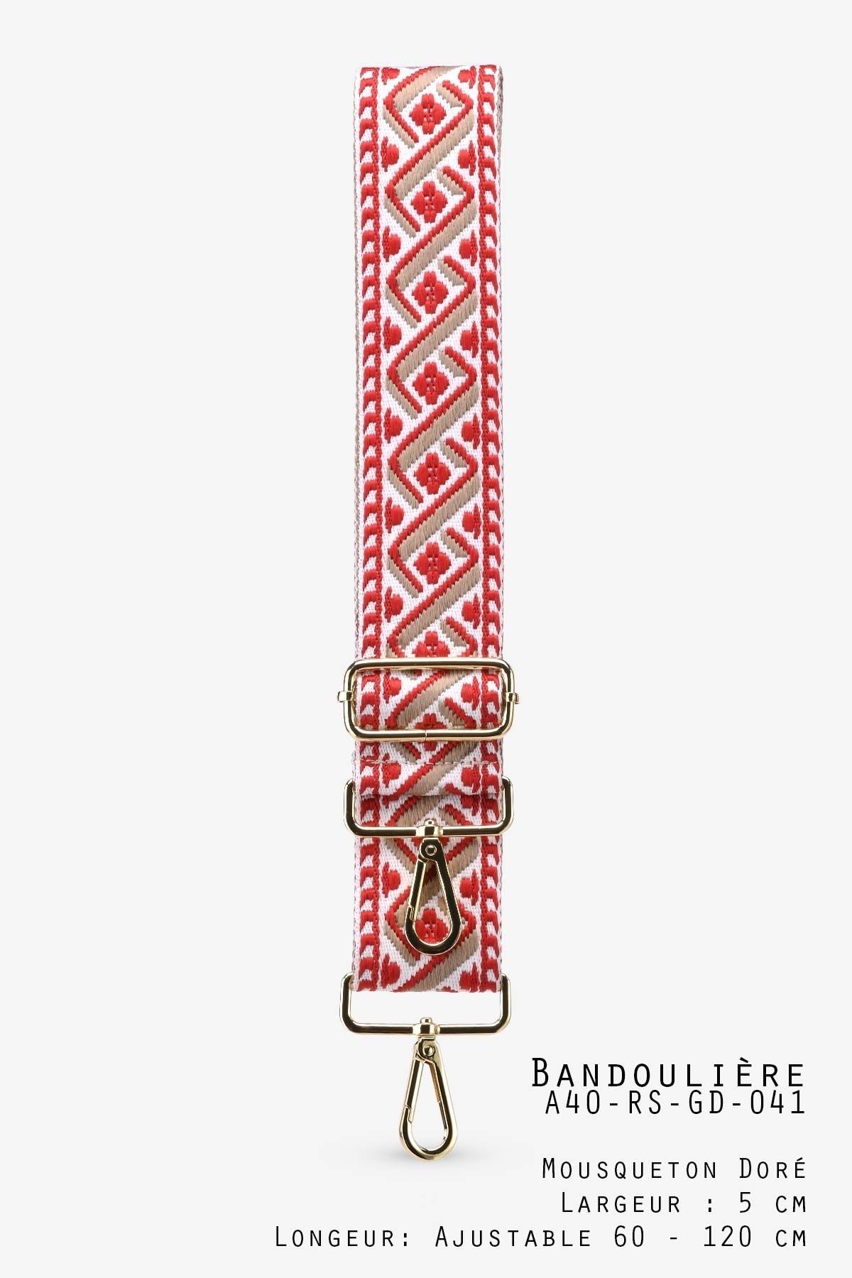 Verstellbarer Schulterriemen mit rotem Bohemian-Muster, goldenen Beschlägen, 5 cm breit, 60-120 cm lang