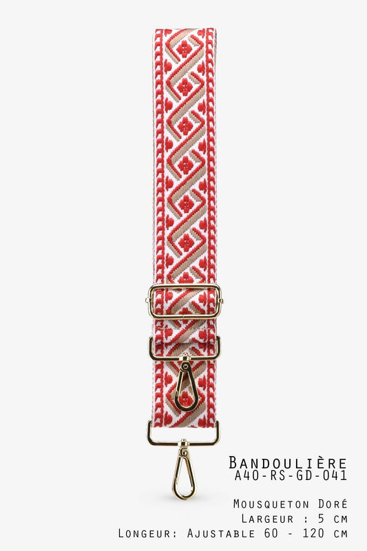 Verstellbarer Schulterriemen mit rotem Bohemian-Muster, goldenen Beschlägen, 5 cm breit, 60-120 cm lang