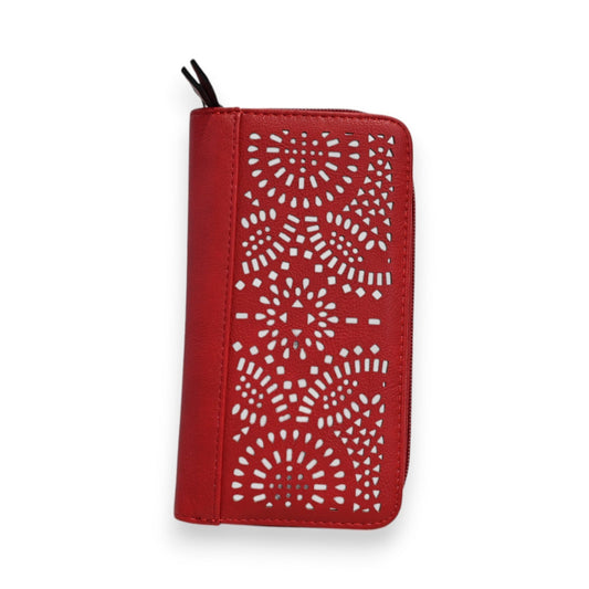 Rote Damen-Geldbörse aus Leder mit filigranem silbernen Durchbruchmuster, Reißverschluss, elegantes Design