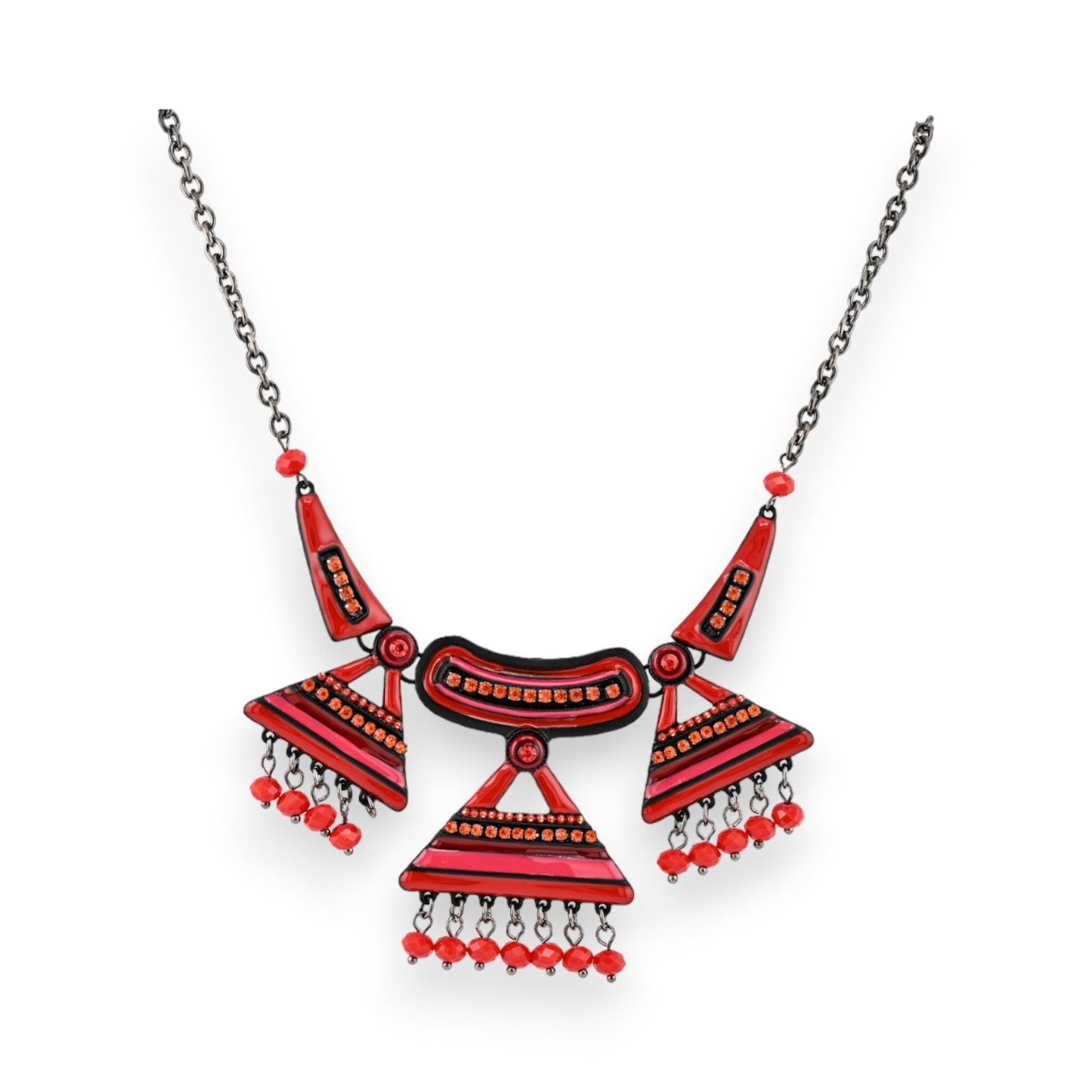 Rote ethnische Halskette mit geometrischen Anhängern und Perlen, Tribal-Design, Modeschmuck von Ikita