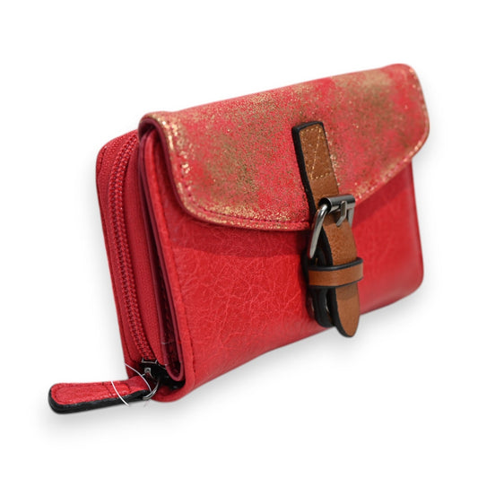 Rote Kompakt-Geldbörse mit Glitzereffekt, Reißverschluss und braunem Verschluss, Mélanie Paris Design