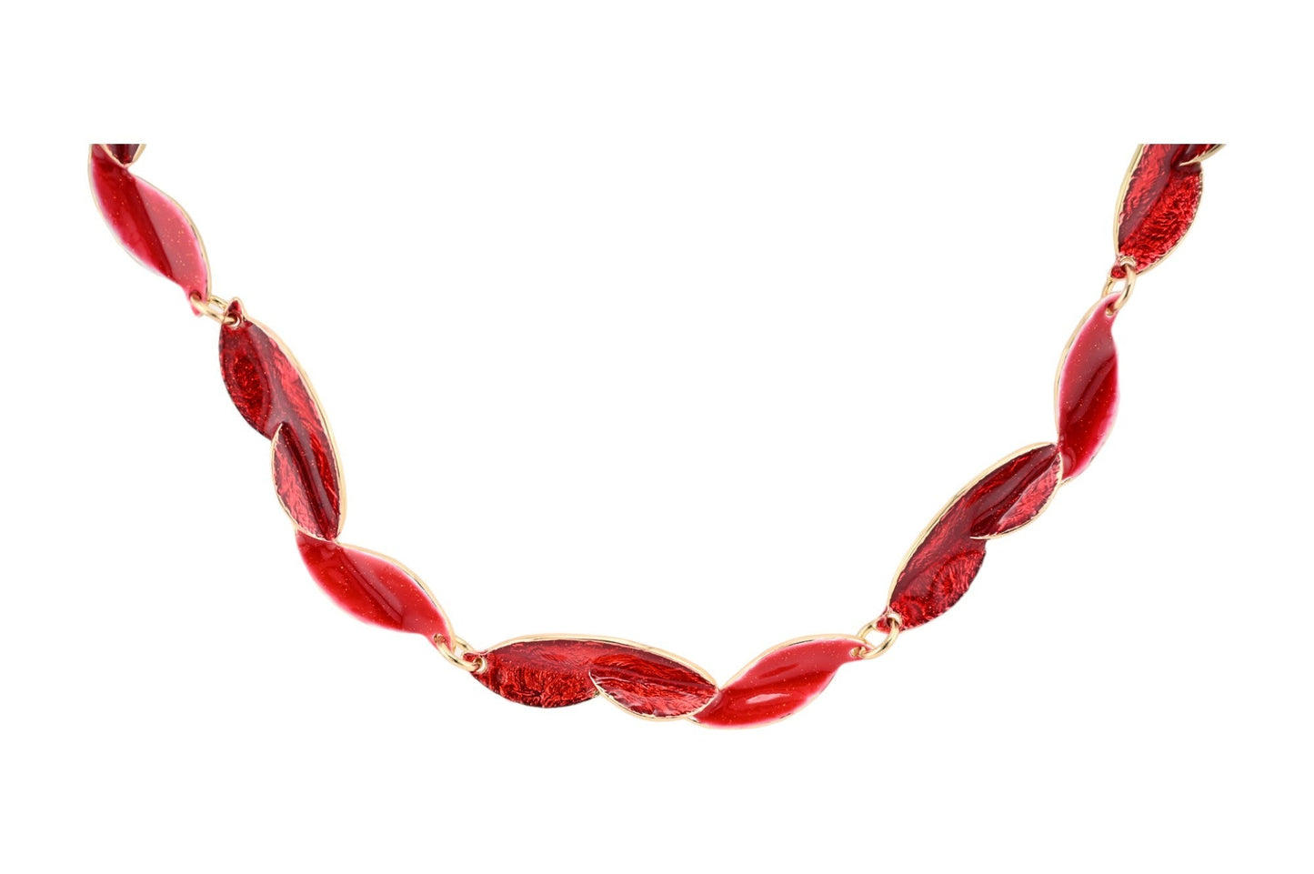 Elegante Halskette mit goldenen Verbindungen und roten, gedrehten Glaselementen auf weißem Hintergrund