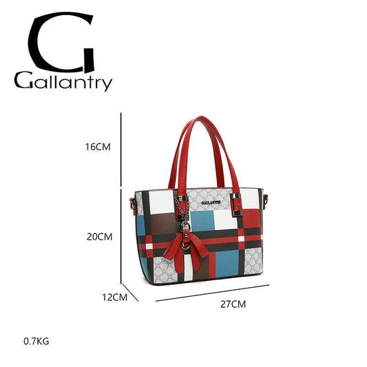 Modische Damenhandtasche mit kariertem Muster in Rot, Blau und Weiß, Maße 27x20x12cm, Gewicht 0,7kg, Marke Gallantry