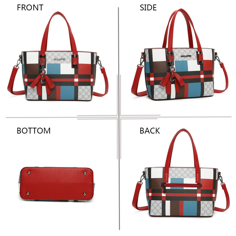 Elegante Damenhandtasche mit rotem Karo-Muster, steifem Korpus, Schulterriemen und Henkeln, von vier Seiten gezeigt