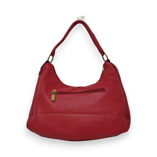 Rote Lederhandtasche mit Reißverschluss und Schultergurt, elegantes Design für Damen, Marke Mandoline