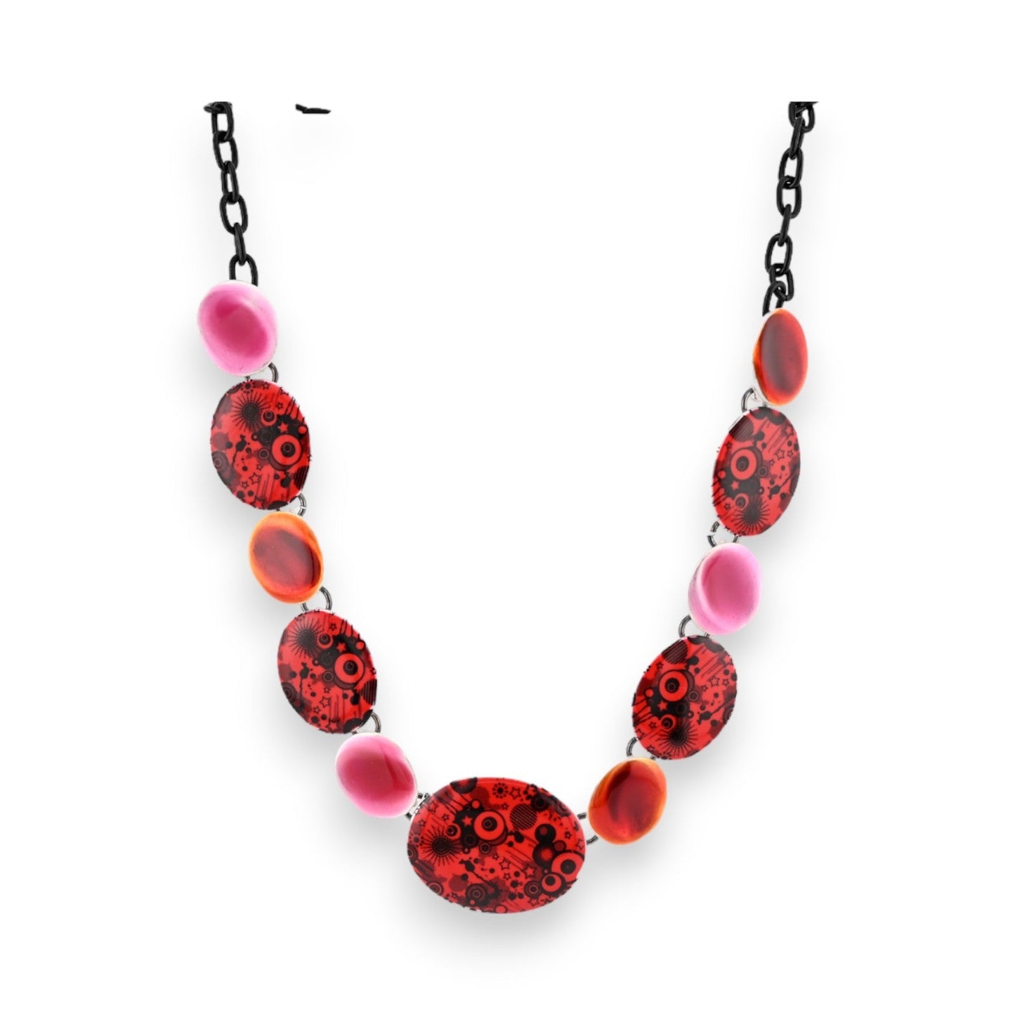 Halskette mit roten gemusterten und rosa Scheiben, schwarze Kette, modernes Design, Schmuck von Ikita