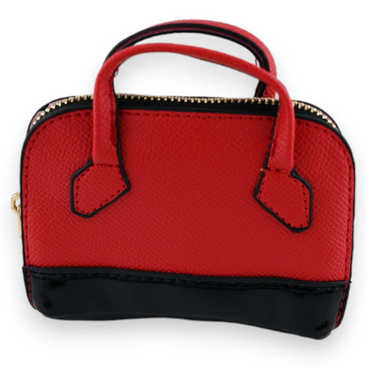 Rote Mini-Handtasche mit schwarzem Boden, Reißverschluss und Henkeln, elegantes Design für Schlüssel und Kleingeld