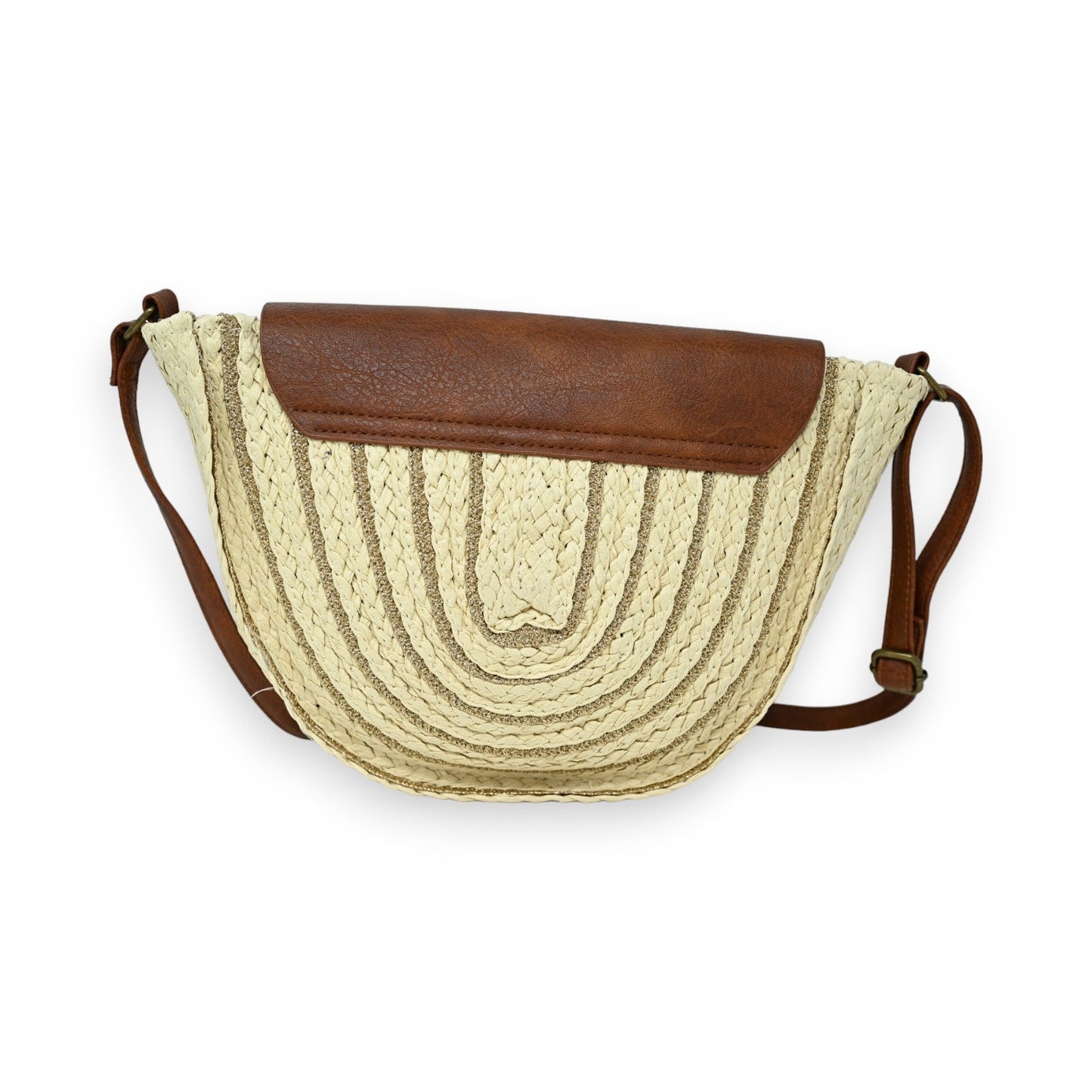 Runde Stroh-Schultertasche in Beige mit braunem Lederbesatz, goldenen Fäden und verstellbarem Schulterriemen