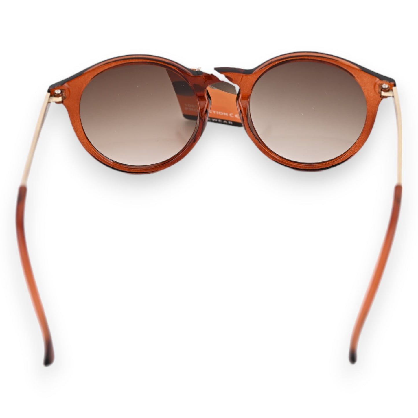 Runde Sonnenbrille mit braunem Kunststoffrahmen und goldenen Bügeln, Verlaufsgläser in Braun, modernes Design