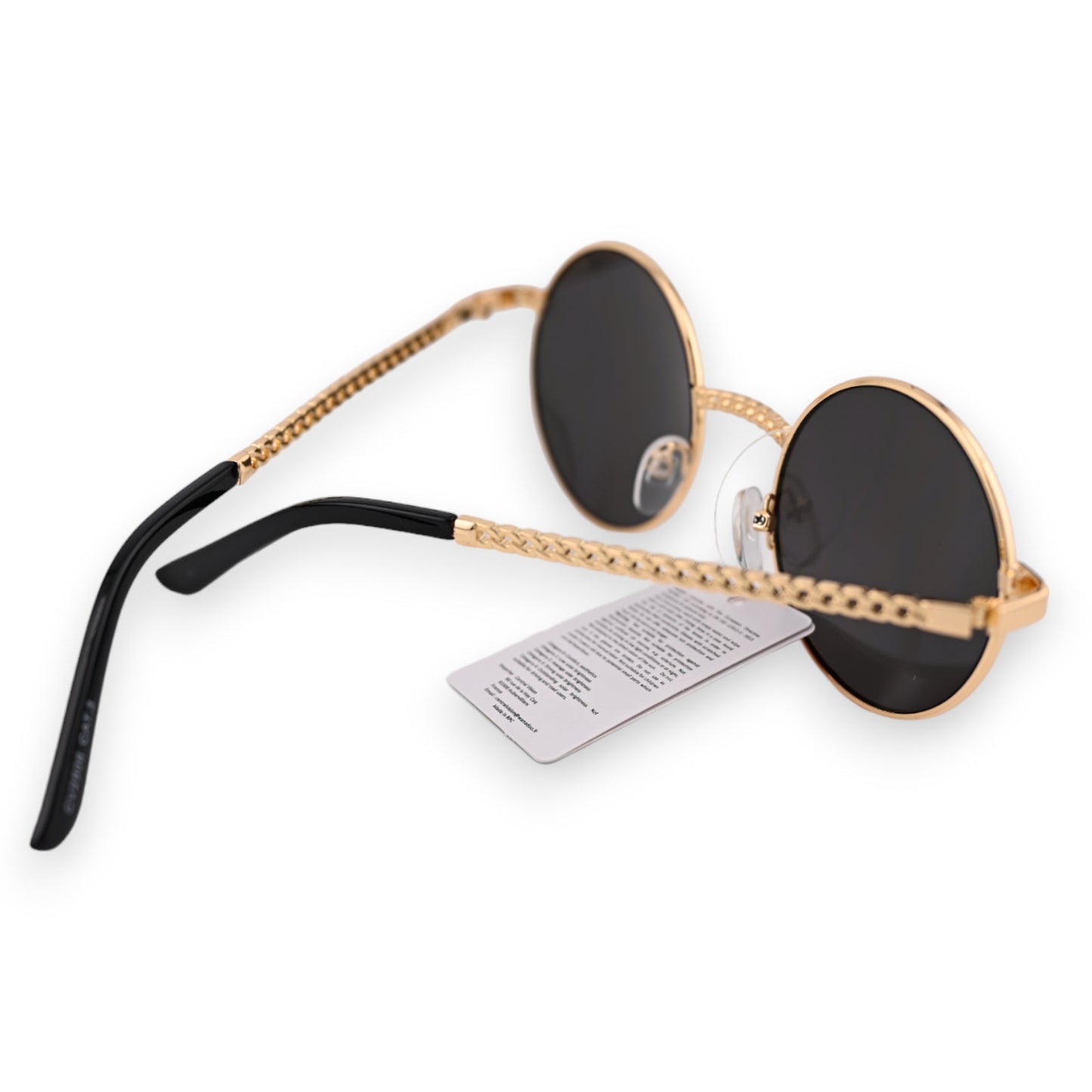 Runde Sonnenbrille mit goldenen Rahmen, schwarzen Gläsern und geflochtenen Bügeln, Produktetikett sichtbar