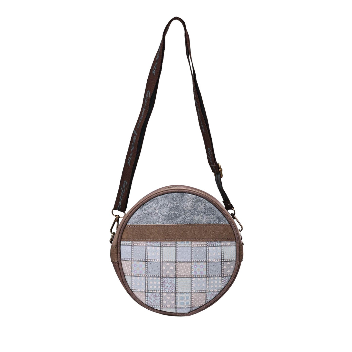 Runde Schultertasche mit kariertem Muster, grauem Oberteil und braunem Gurt, elegantes Design für Damen