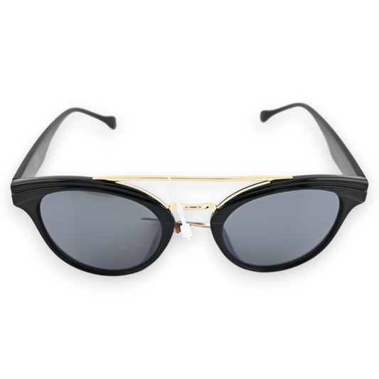 Stilvolle Sonnenbrille mit rundem schwarzem Rahmen, goldenem Quersteg und grauen Gläsern, modisches Accessoire