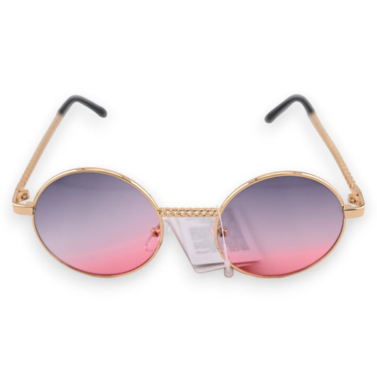 Runde Sonnenbrille mit goldenem Rahmen und grau-rosa verlaufenden Gläsern, stylisches Retro-Design für Damen