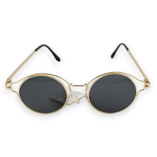 Runde Sonnenbrille mit goldenen Rahmen und schwarzen Gläsern, vintage-inspiriertes Design, eleganter Retro-Look