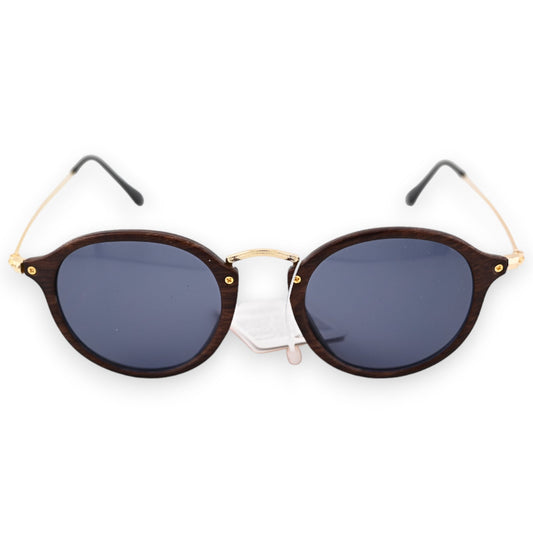 Runde Sonnenbrille mit dunkelbraunen Holzeffekt-Rahmen, blauen Gläsern und goldenen Bügeln, elegantes Design